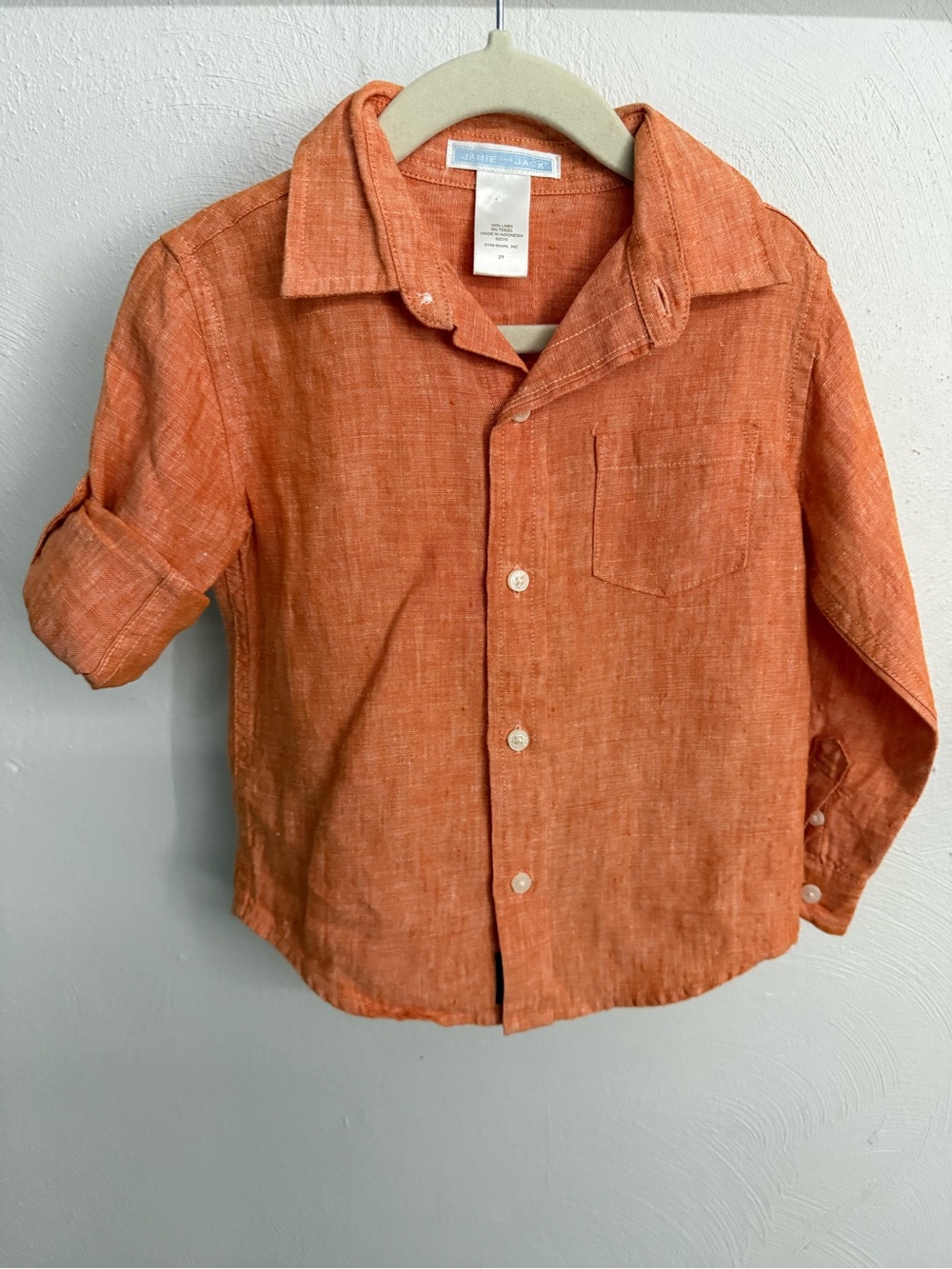 Janie and Jack 2T 100% Linen Orange Button Down Roll Tab Sleeve Shirt